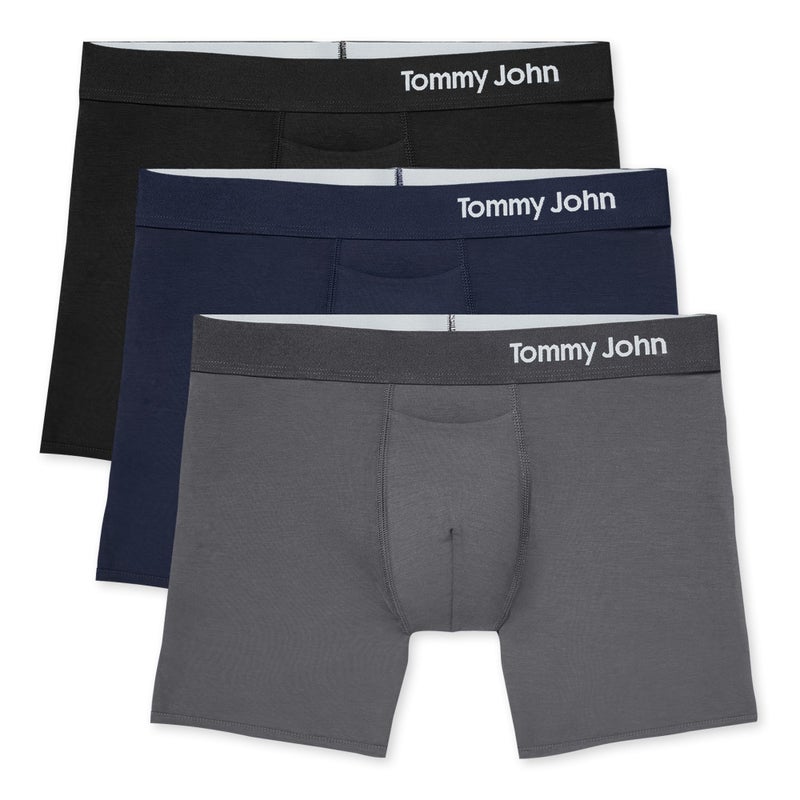 Tommy John Menâ€™s Trunk 4" Underwear, Supima Cool Cotton Boxer Briefs with Supportive Contour Pouch, Dry Pima Cotton Blend, Soft Breathable Waistband, Black/Iron Grey/Navy, Large, 3 Pack - Image 1