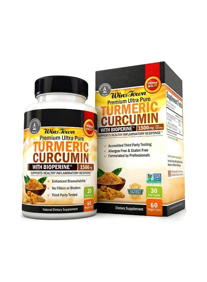 WinsTown Premium Ultra Pure Turmeric Curcumin with Bioperine 1500mg - Supports Healthy Inflammatory Response, Joint Flexibility & Immune System - Non-GMO, Gluten Free, 60 Veggie Capsules (30 Day Supply) - Image 1