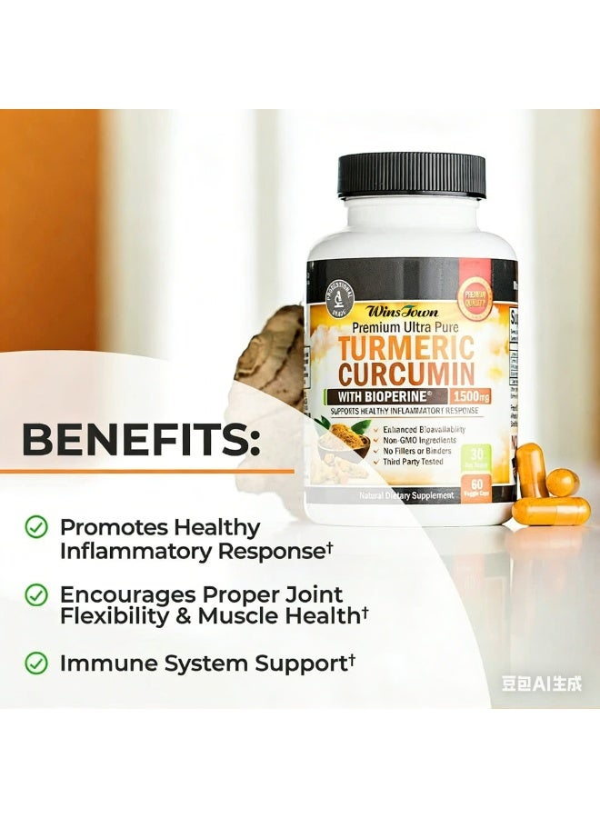 WinsTown Premium Ultra Pure Turmeric Curcumin with Bioperine 1500mg - Supports Healthy Inflammatory Response, Joint Flexibility & Immune System - Non-GMO, Gluten Free, 60 Veggie Capsules (30 Day Supply) - Image 2