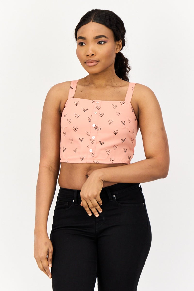 ONLY Women Square Neck Sleeveless Allover Print Tank Top, Coral - Image 1