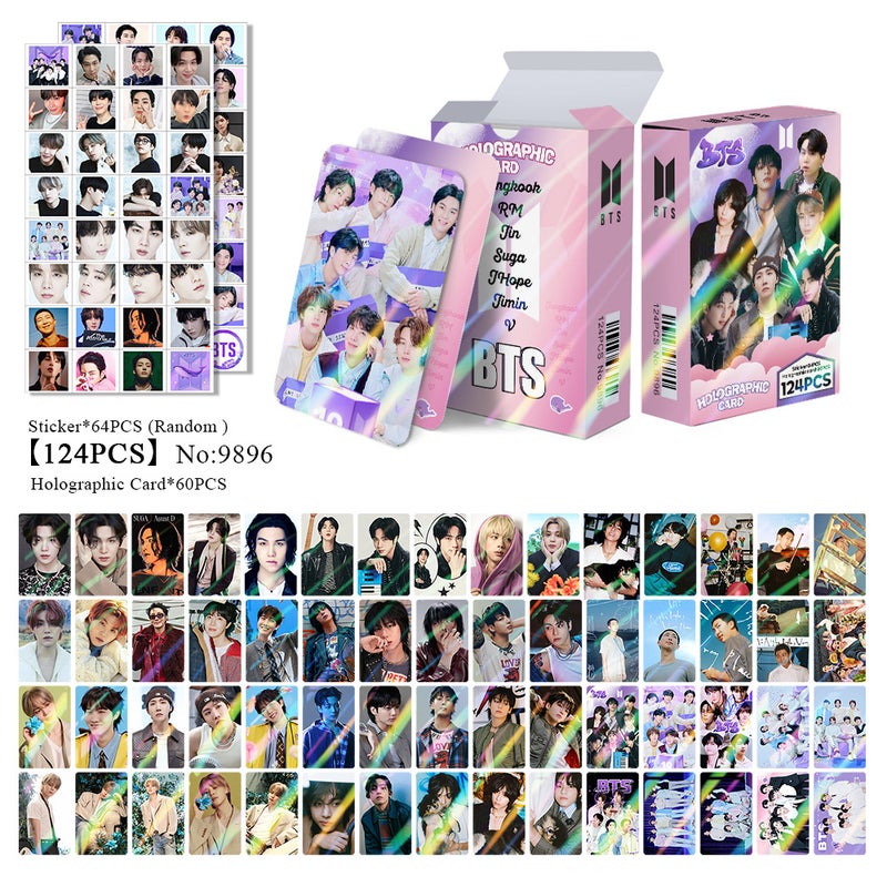 بطاقات هولوغرافية وملصقات نجوم BTS 124 قطعة - 60 بطاقة هولوغرافية LOMO + 64 ملصق مشاهير عشوائي للتزيين اليدوي للألبومات والكروت والهدايا للمراهقين