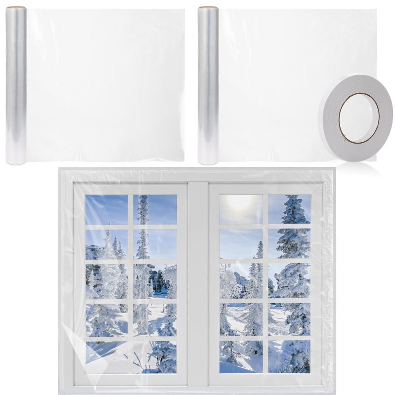 Frienda 2 Roll Window Insulation Kit for Winter Each Roll 62 x 210 Indoor Window Plastic Insulation Kit with Double Sided Tape Waterproof Winterizing Shrink Film Covering for 10 Pcs 3 x 5 Ft Windows