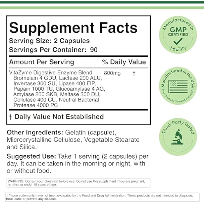 Double Wood Supplements Digestive Enzymes - 800mg Blend of All 10 Most Essential Digestive and Pancreatic Enzymes (Amylase, Lipase, Bromelain, Lactase, Papain, Protease, Cellulase, Maltase, Invertase) by Double Wood - Image 2