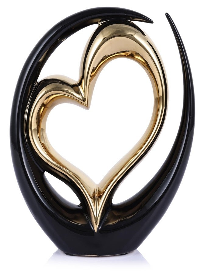 Oliruim Ceramic Heart Statue, Black Double Hearts Sculpture - Wedding & Valentine's Centerpiece or Decor for Shelves & Table (Round) - Image 1