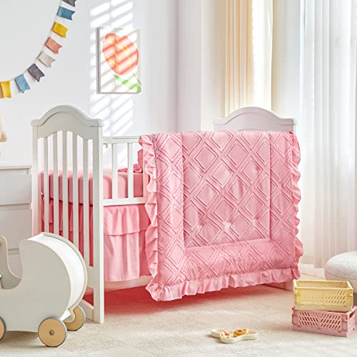 Uozzi Bedding Tufted Ruffle Crib Bedding Set 3 Pieces Baby Boho Quilted Comforter with Fitted Sheet and Bed Skirt - Cute Ruffled Shabby Chic Baby Bedding Soft Blanket Design Pink - Image 1