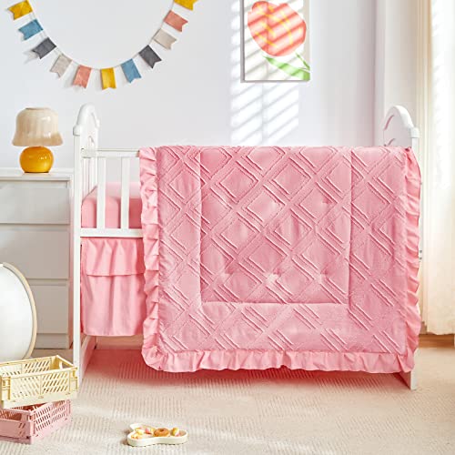 Uozzi Bedding Tufted Ruffle Crib Bedding Set 3 Pieces Baby Boho Quilted Comforter with Fitted Sheet and Bed Skirt - Cute Ruffled Shabby Chic Baby Bedding Soft Blanket Design Pink - Image 3