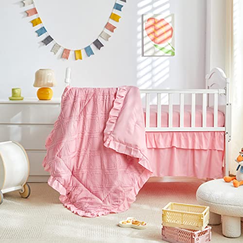 Uozzi Bedding Tufted Ruffle Crib Bedding Set 3 Pieces Baby Boho Quilted Comforter with Fitted Sheet and Bed Skirt - Cute Ruffled Shabby Chic Baby Bedding Soft Blanket Design Pink - Image 2