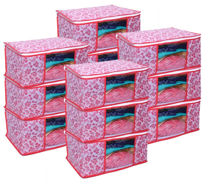 LAXIS® Saree Covers With Zip Non-Woven Printed Saree Cover/Saree Organizer For Wardrobe/Cloth Storage With Transparent Window/Saree Bags Storage/Clothes Organizer (Peach- Pack of 12) - Image 1