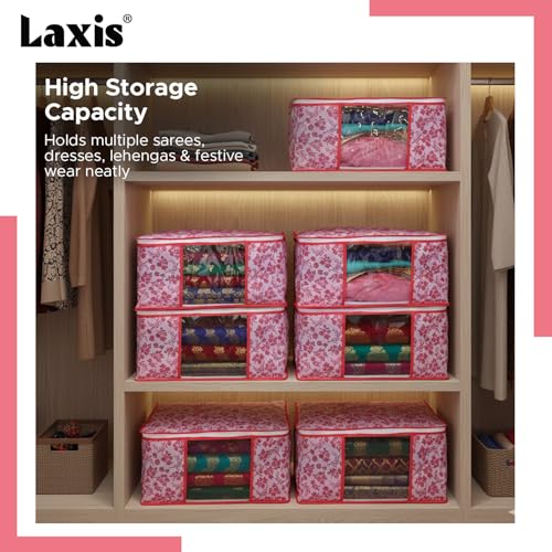 LAXIS® Saree Covers With Zip Non-Woven Printed Saree Cover/Saree Organizer For Wardrobe/Cloth Storage With Transparent Window/Saree Bags Storage/Clothes Organizer (Peach- Pack of 12) - Image 5