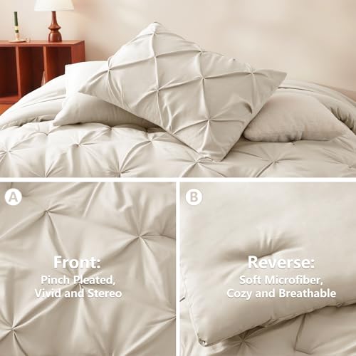 HIMEET Pintuck Bed in a Bag, 7 Pieces Full Size Comforter Set Beige, Luxury Pinch Pleat Bed in a Bag, Soft All Season Bedding Sets with Comforter, Flat Sheet, Fitted Sheet and Pillowcases & Shams - Image 3