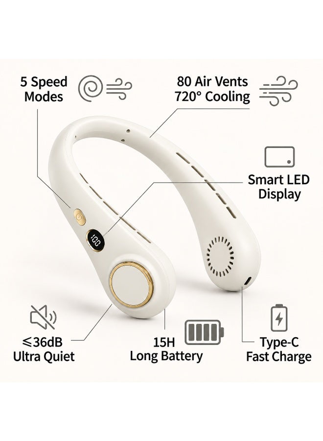 Bladeless Portable Neck Fan with LED Display, 80 Vents for 720° Cooling, Long Battery Life, Type-C Fast Charging - Image 2