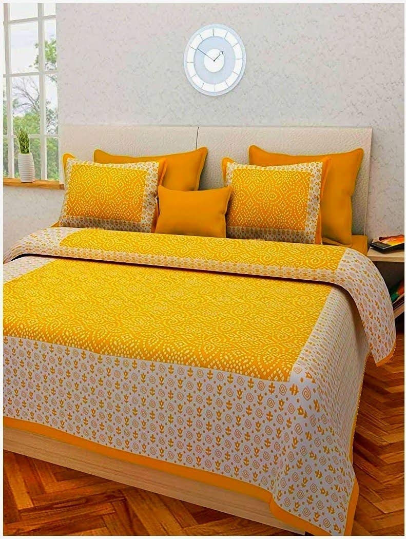 ART WORLD Pure Cotton Classic Rajasthani Traditional Chunari Printed Double Bed Sheet with Pillow Covers Yellow Queen Size - Image 2