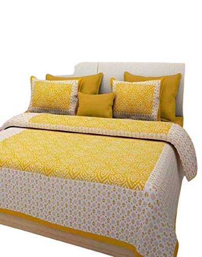 ART WORLD Pure Cotton Classic Rajasthani Traditional Chunari Printed Double Bed Sheet with Pillow Covers Yellow Queen Size - Image 3