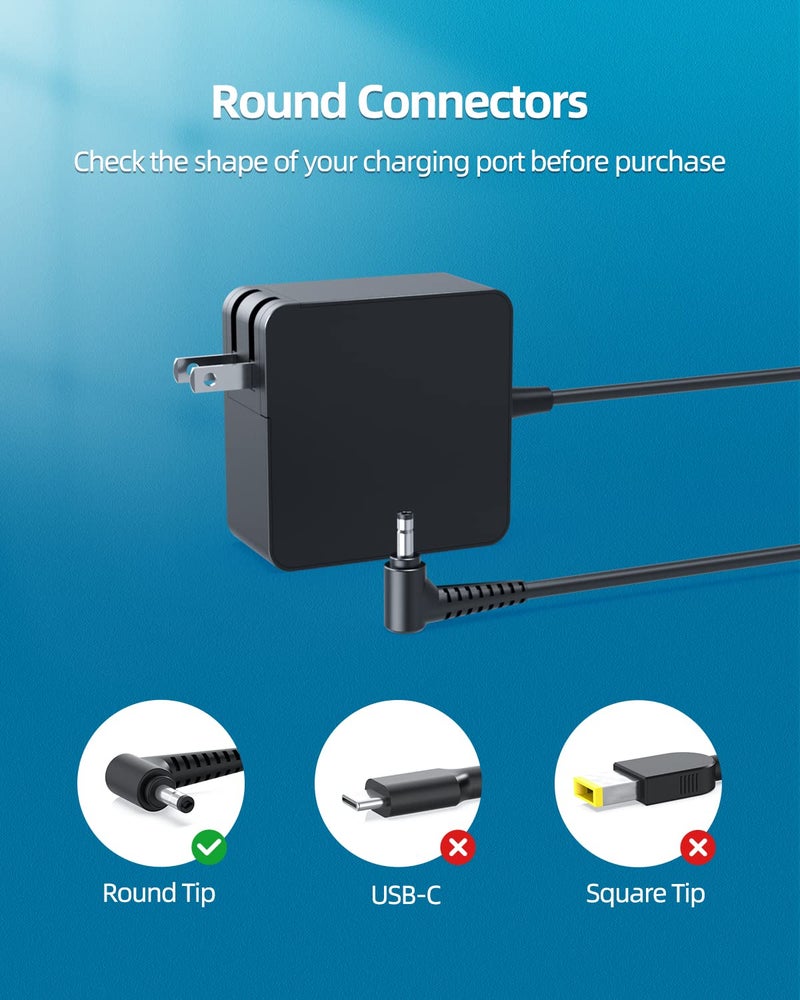 Superer شاحن سوبرر مناسب لجهاز لابتوب لينوفو، إيديا باد 1 3 5، سليم 3 5 7، S340 S145 330 320 310، فليكس 5 4 14 15، V14 V15 V17، نسخة مطورة، قابلة للطي، كابل طاقة مطول، ضوء شحن، 65 واط 45 واط - Image 3