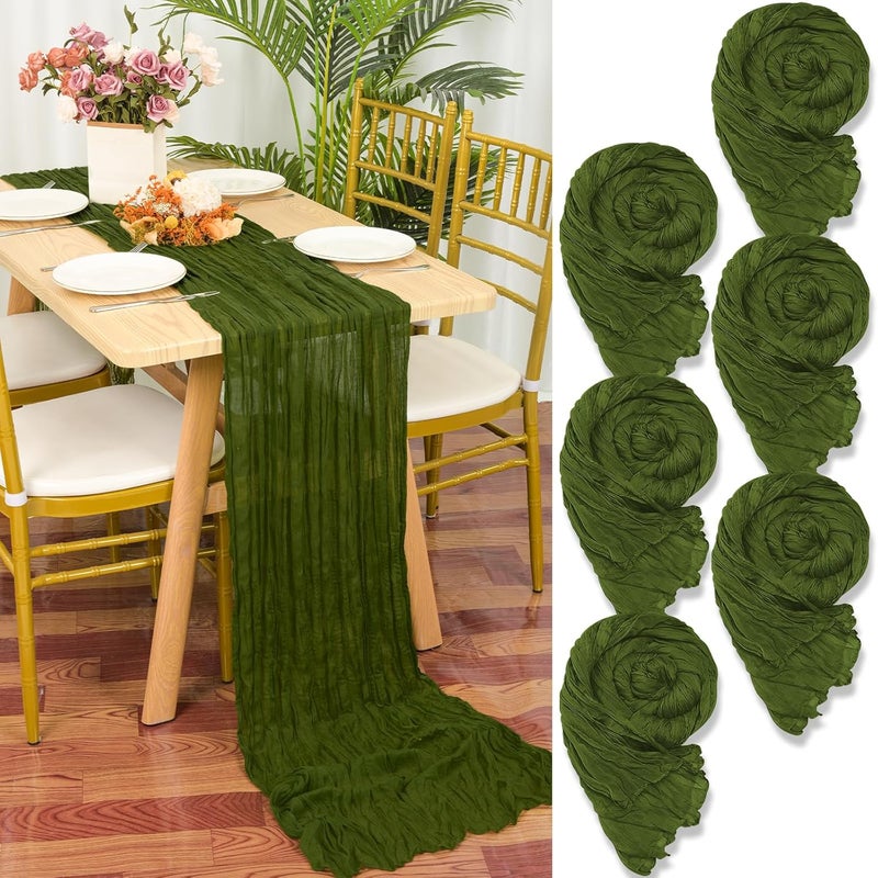 YMHPRIDE Pack of 6 Cheesecloth Table Runners, Olive Green, 90 x 300 cm, Dark Green Rustic Gauze Fabric, Boho Table Runner, Cheesecloth Table Runner, Wedding Tablecloth for Wedding Party, Bridal Shower Table - Image 1