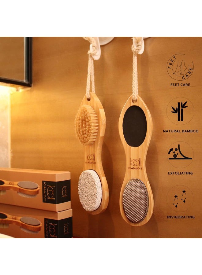 ICDI ICANdOIT ICANdOIT-2 عبوات من مبرد القدمين الطبيعي من الخيزران لإزالة الكالو - مجموعة باديكير متعددة الاستخدامات 4 في 1 مع فرشاة شعر الخنزير، حجر الخفاف، مبرد القدم، ورق صنفرة - Image 2