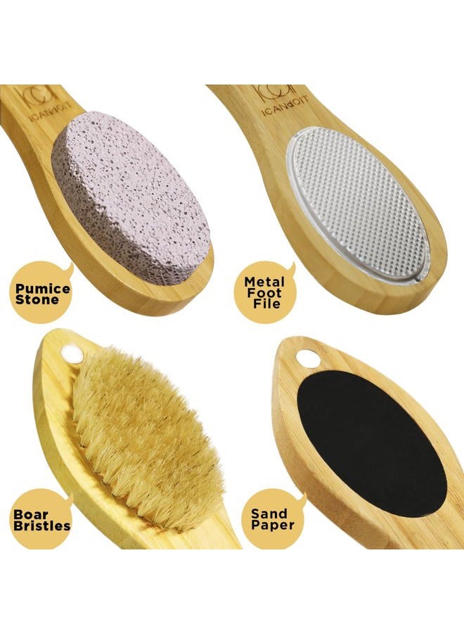 ICDI ICANdOIT ICANdOIT-2 عبوات من مبرد القدمين الطبيعي من الخيزران لإزالة الكالو - مجموعة باديكير متعددة الاستخدامات 4 في 1 مع فرشاة شعر الخنزير، حجر الخفاف، مبرد القدم، ورق صنفرة - Image 4