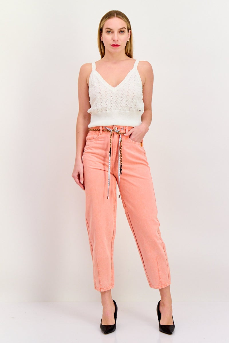 ONLY Women Regular Fit High Waist Washed No Stretch Jeans, Neon Orange - Image 4