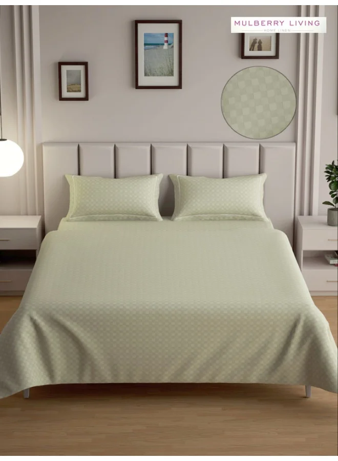 MULBERRY LIVING مفرش سرير مسطح قطن 100% مقاس كينج 300 غرزة بتصميم شبكي حضري (260x280 سم) مع 2 غطاء وسادة (50x75 سم) - بيج فاتح