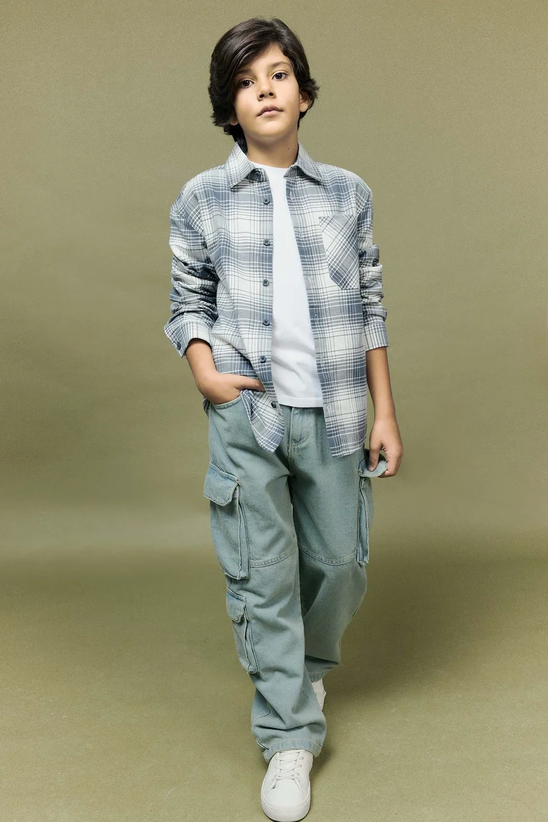 Defacto Boy Oversize Plaid Long Sleeve Shirt