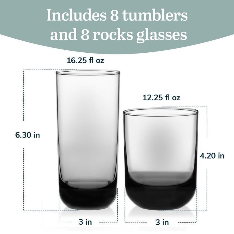 Libbey Polaris Tumbler and Rocks Glass Set, Smoke Hue Drinkware Glasses Set, Lead-Free Tall Water Glasses with Modern Clean Lines, Dishwasher Safe Drinking Glasses Set of 16 - Image 5