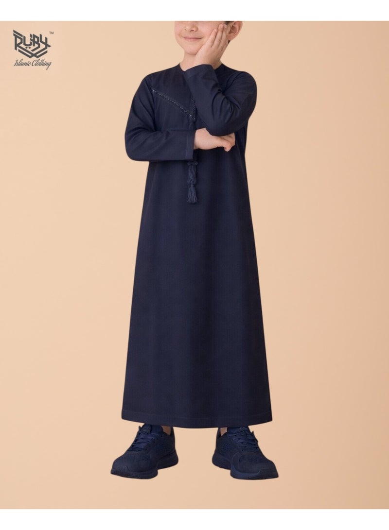 RUBY ISLAMIC CLOTHING Classic Navy Blue Emirati Thobe kandura for Children & kids with Intricate Embroidery kandura Kaftan Round Neck Long Sleeve Saudi Arabian Muslim Robe - Image 1
