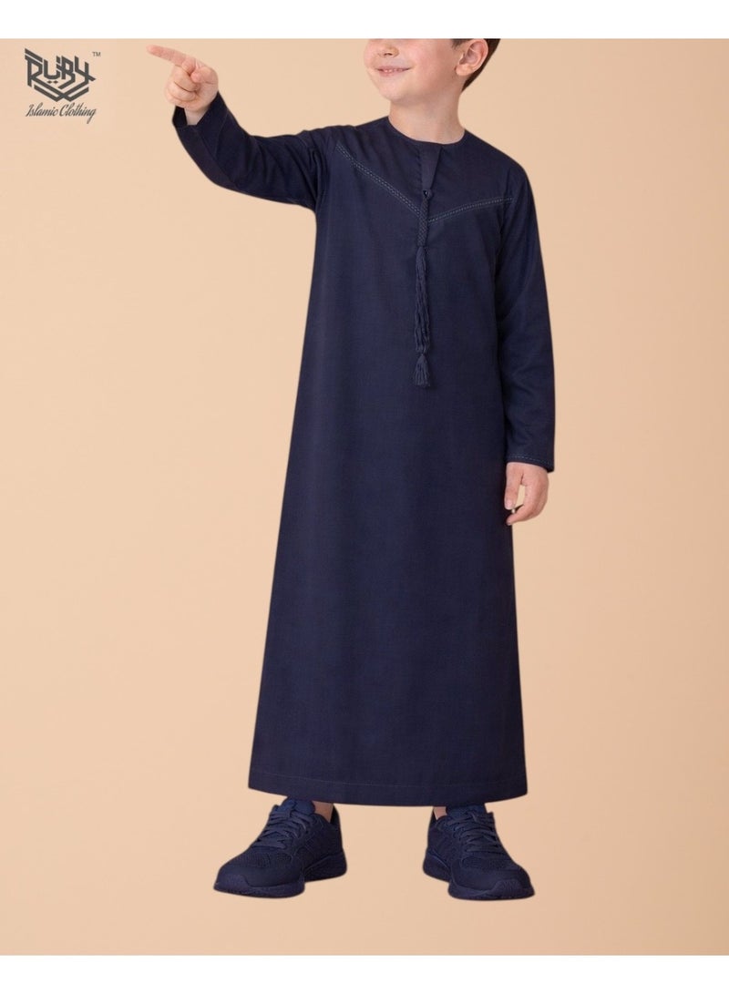 RUBY ISLAMIC CLOTHING Classic Navy Blue Emirati Thobe kandura for Children & kids with Intricate Embroidery kandura Kaftan Round Neck Long Sleeve Saudi Arabian Muslim Robe - Image 2