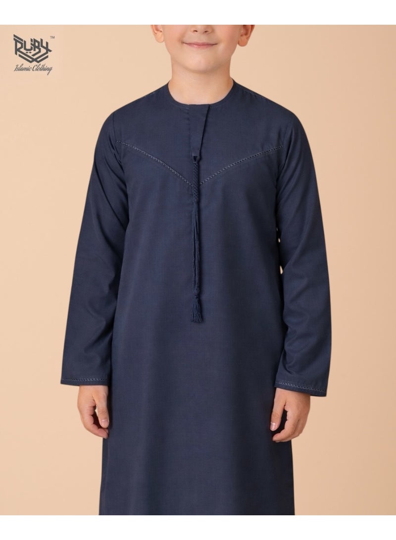 RUBY ISLAMIC CLOTHING Classic Navy Blue Emirati Thobe kandura for Children & kids with Intricate Embroidery kandura Kaftan Round Neck Long Sleeve Saudi Arabian Muslim Robe - Image 3