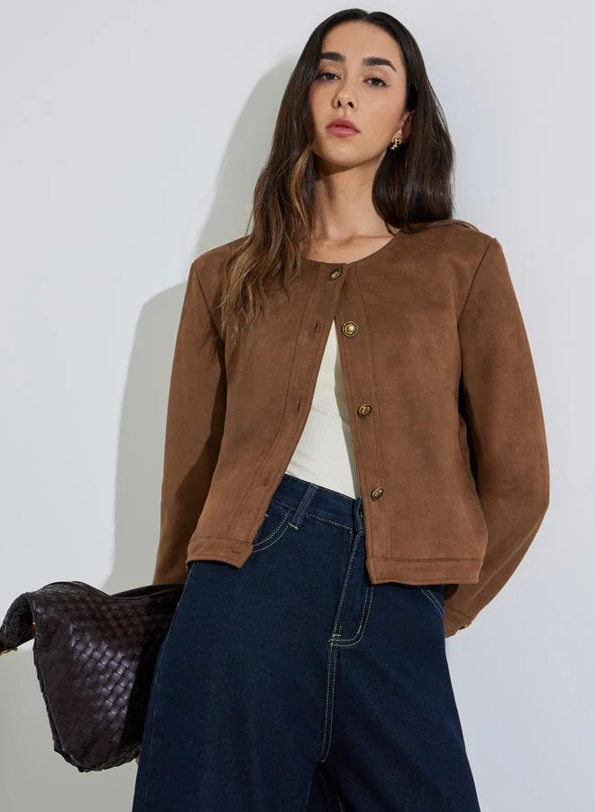Styli Brown Suede Look Buttoned Jacket
