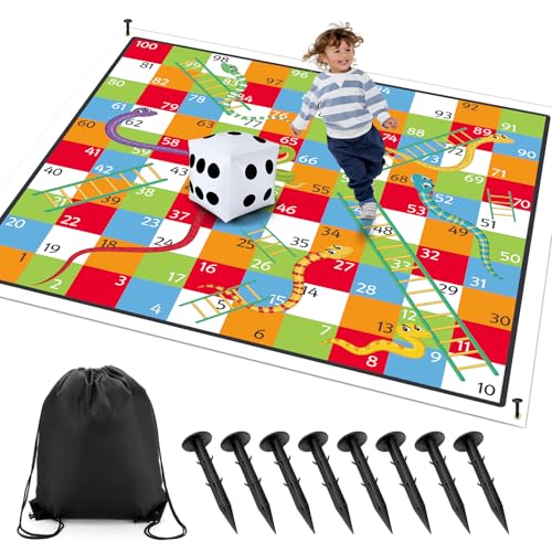 Realspring 98 ft Giant Snakes and Ladders Game Playing Mat with 6 Nails 14 Inch Inflatable Dice and Storage Bag Floor Snake and Ladder Board Game Big Size for Both Indoor and Outside - Image 1