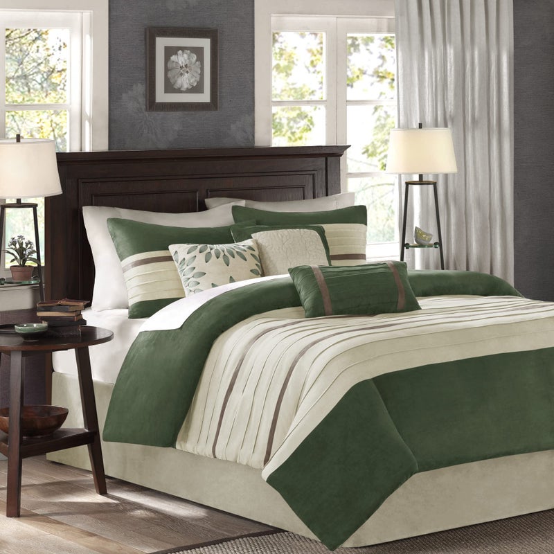 madison park Madison Park Palmer Comforter SetLuxury Faux Suede Design Striped Accent All Season Down Alternative Bedding Matching Shams Decorative Pillow Bed Skirt Queen 90 in x 90 in Green 7 Piece 