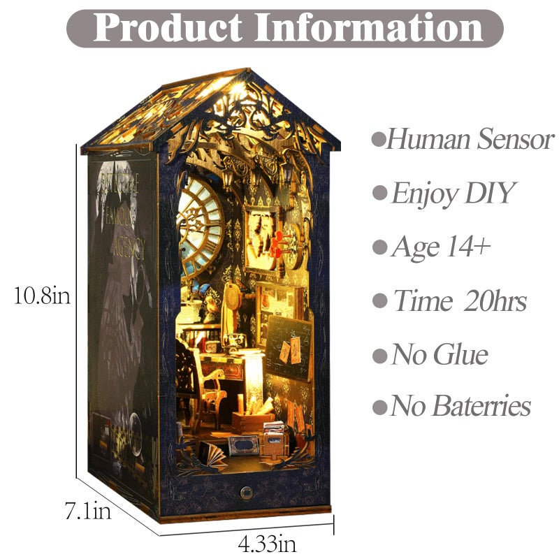 ISSEVE DIY Book Nook Kit, 3D Wooden Puzzle DIY Miniature House Kit for Booknook Shelf Insert Decoration, Magic Book House Stand Bookshelf Dollhouse for Adults with Sensor Light (Detective Agency) - Image 3
