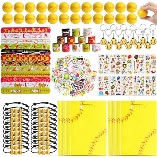 Kolewo4ever 294 Pieces Softball Party Supplies Softball Themed Birthday Gift Goodie Bags 24 Set Mini Foam Stress BallsSlap Bracelet Keychain Charm Bracelets Softball - Image 1