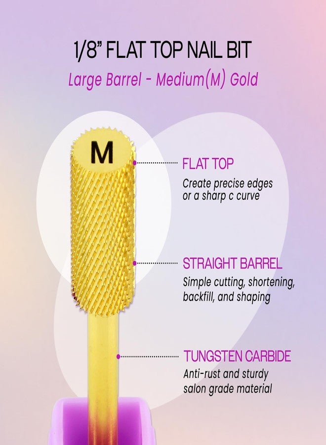 PANA 1/8" SPECIAL SIZE Large Flat Top Safety Carbide Nail Drill Bit for Gel Polish & Acrylic Removal Nail Salon Manicure Pedicure E-File (Large Barrel - Gold, Medium) EXTRA THICK SHANK - Image 4