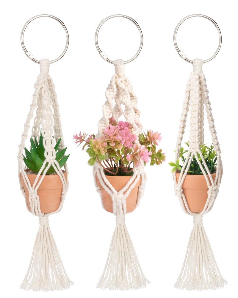 MoHern Mini Macrame Plant Hanger with Pot 3 Pcs Small Cute Hanging Rearview Mirror Charms Boho Car Decor for Plant Lover