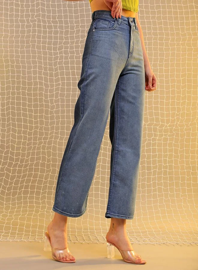 مرفوعة Women Wide Leg Colourblocked High-Rise Jeans