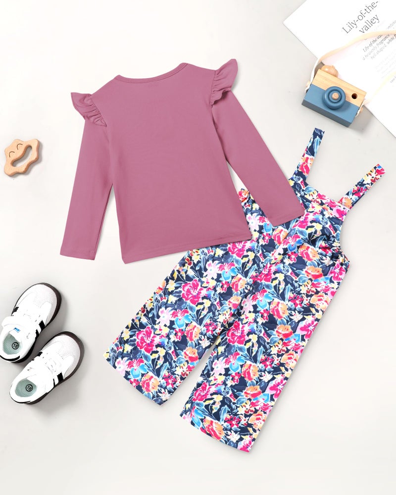 YUEMION Toddler Girl Clothes 2Pcs Baby Girl Outfit Fall Winter Clothing Floral Long Sleeve Top+ Overall Pants Set (Purple, 3-4T) - Image 4
