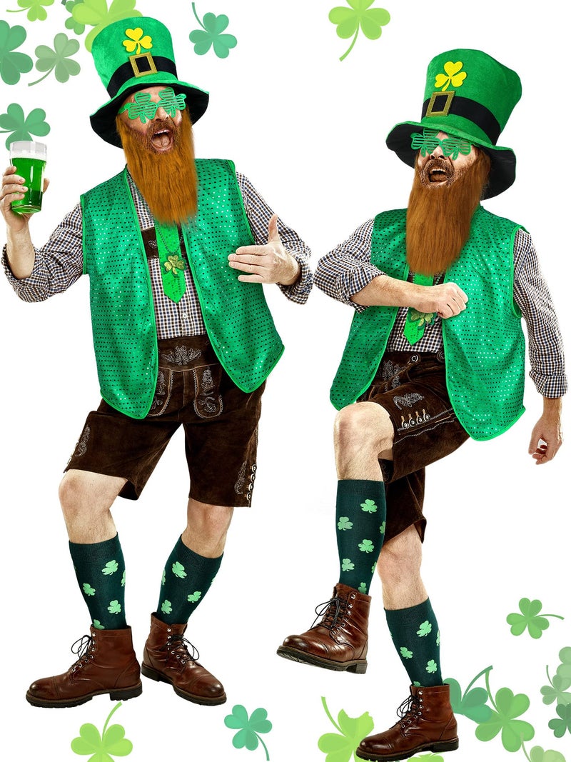 Yinder 8 Pcs St Patrick's Day Costume Set Sequin Vest Shamrock Leprechaun Hat Irish Faux Mustache Glasses Necklace Socks(X-Large) - Image 4