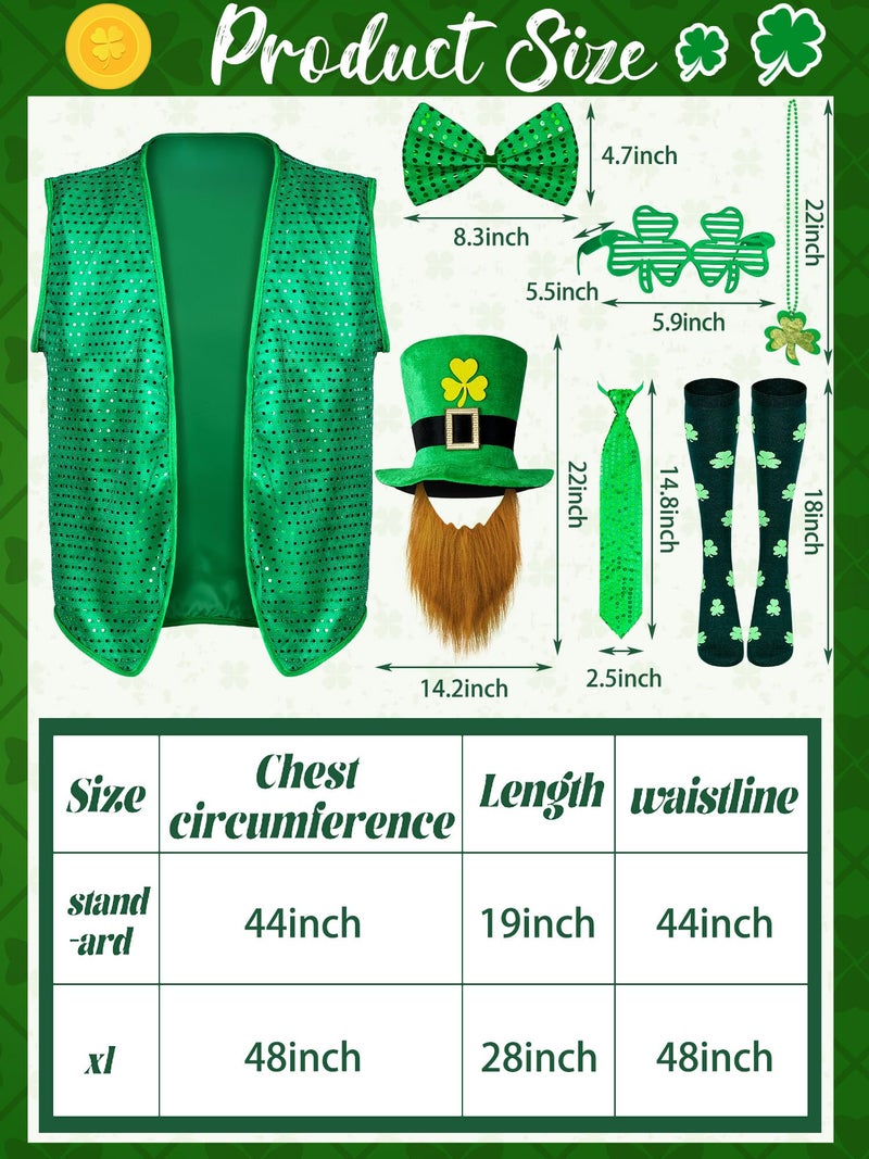 Yinder 8 Pcs St Patrick's Day Costume Set Sequin Vest Shamrock Leprechaun Hat Irish Faux Mustache Glasses Necklace Socks(X-Large) - Image 2