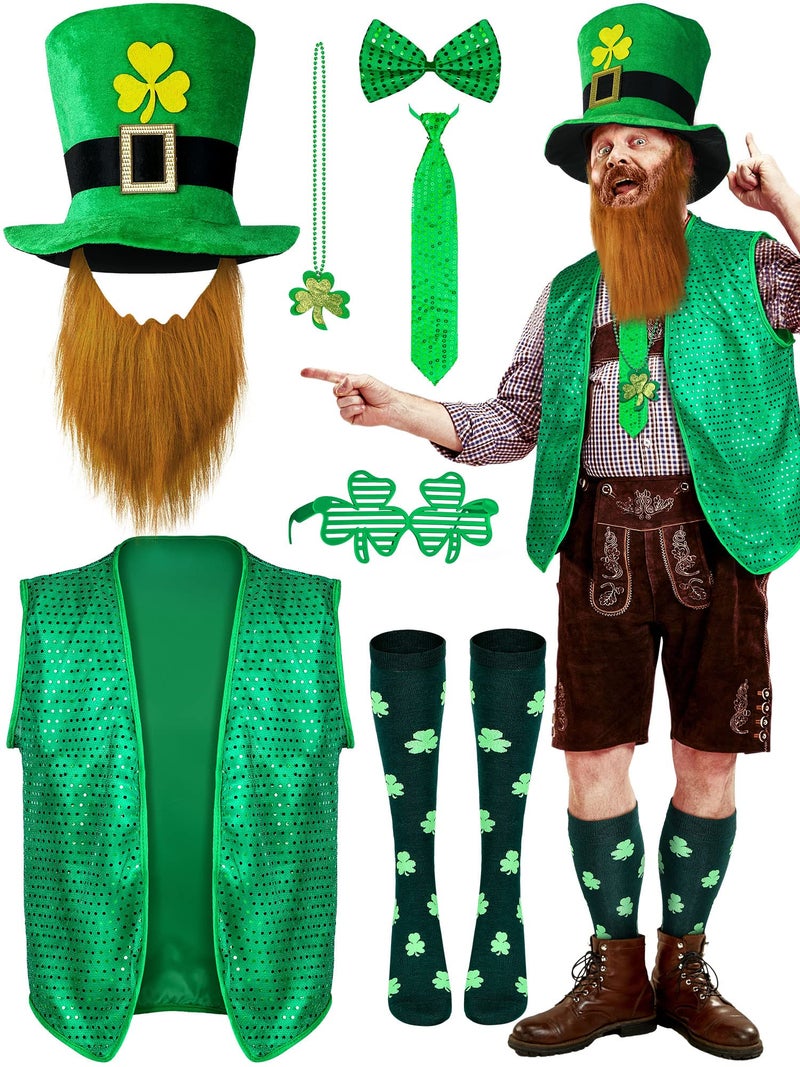 Yinder 8 Pcs St Patrick's Day Costume Set Sequin Vest Shamrock Leprechaun Hat Irish Faux Mustache Glasses Necklace Socks(X-Large) - Image 1