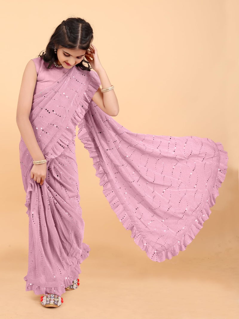 Xavima Kids Supernet Embellished Ready to Wear Saree With Unstitched Blouse Piece- Pink_Size : 8_9 Years - Image 2