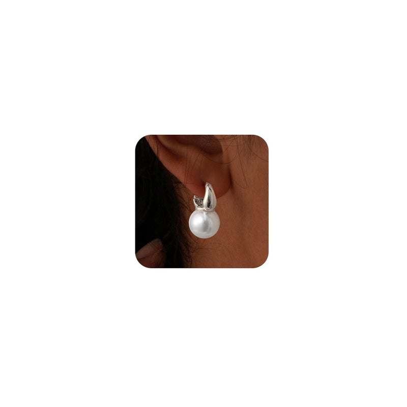 CHESKY CHSKY Pearl Earrings for Women, Silver Plated Quality Handpicked AAA+ Freshwater Cultured Round Pearls Small Hoops Trendy Dangle Pearl Drop Earrings Silver Jewelry Gifts for Women - Image 1
