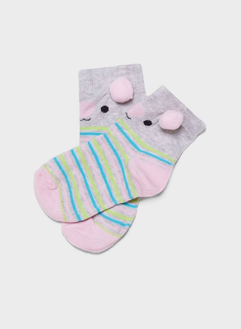 Lynacz Original Kids 2 Pack Striped & Beach Ball Print Socks with Pom-Pom - Image 3