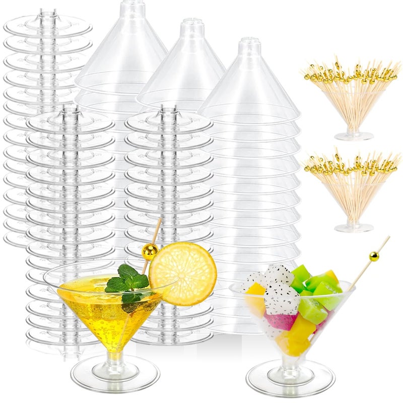 Cashger 100 Pack Plastic Martini Glasses 5 Oz Mini Dessert Cups Clear Cocktail Glasses with Cocktail Sticks Clear Short Stem Shot Glasses for Party Wine Desserts and Appetizers