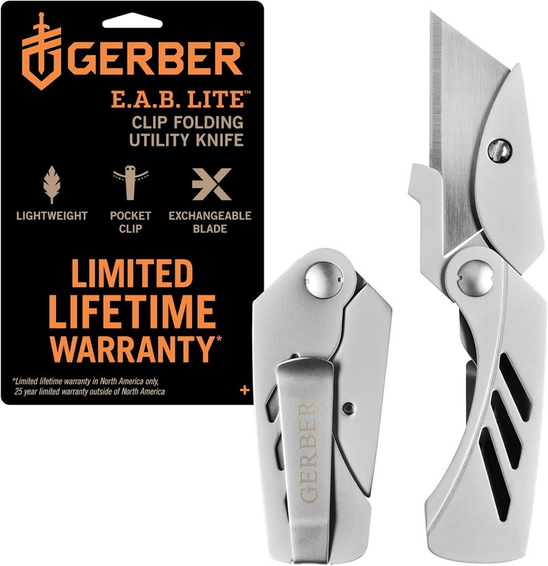 Gerber EAB Lite Folding Utility Knife, Stainless Steel Body with Liner Lock, Accepts Standard and Contractor Replaceable Blades, Integrated Money Clip, Folds to 2.85 in, Lightweight 2.5 oz - Image 1