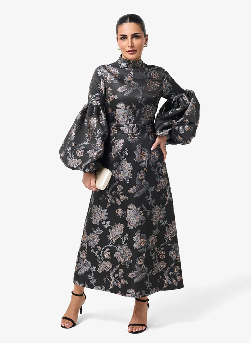 Threadz by Ajooni  Printed Puff Sleeve Midi Dress for Women | Best Price UAE