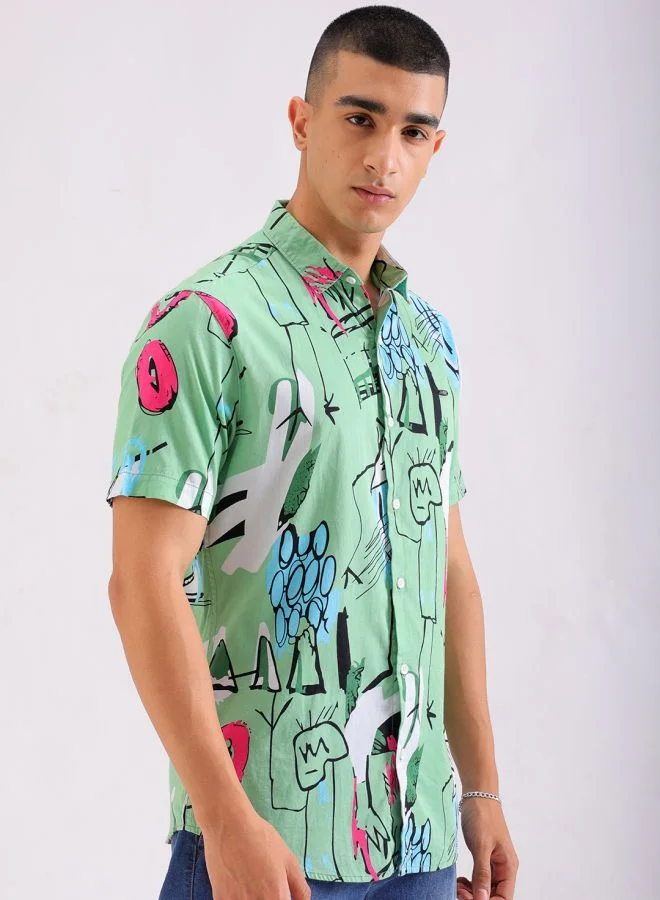 The Indian Garage Co Men Regular Fit Printed Half Sleeves Cutaway Collar Casual Shirt