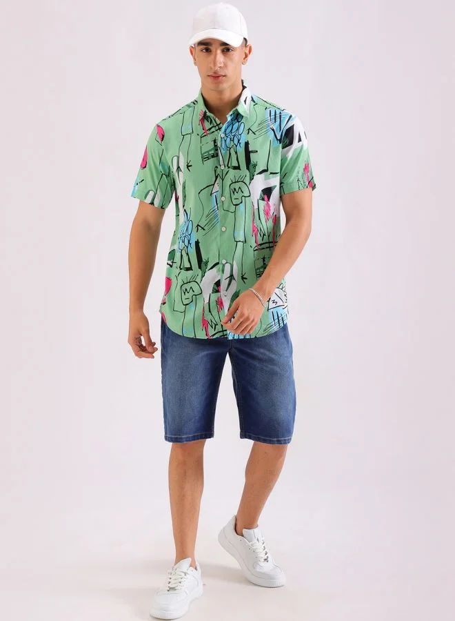 The Indian Garage Co Men Regular Fit Printed Half Sleeves Cutaway Collar Casual Shirt