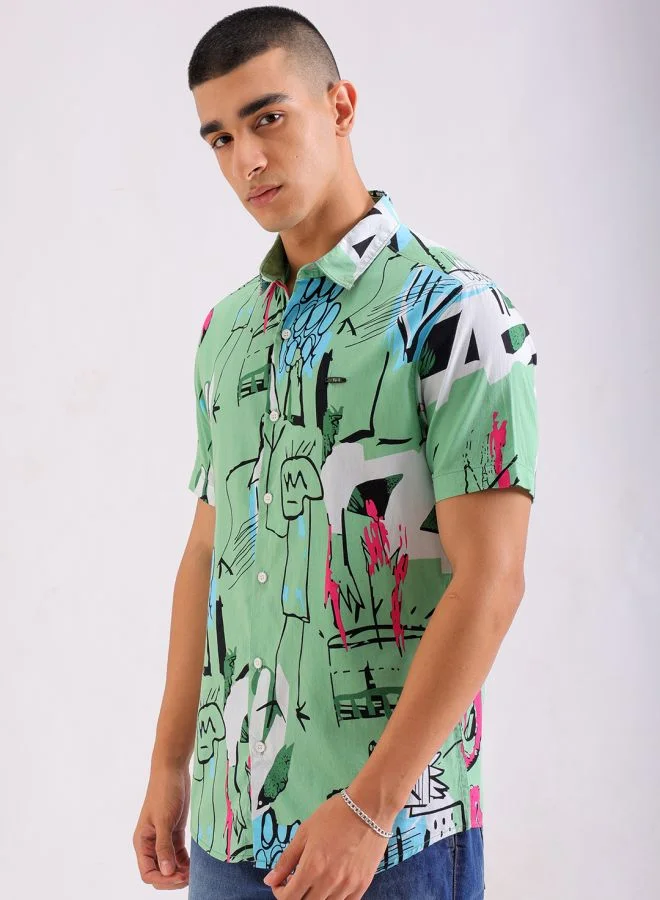 The Indian Garage Co Men Regular Fit Printed Half Sleeves Cutaway Collar Casual Shirt