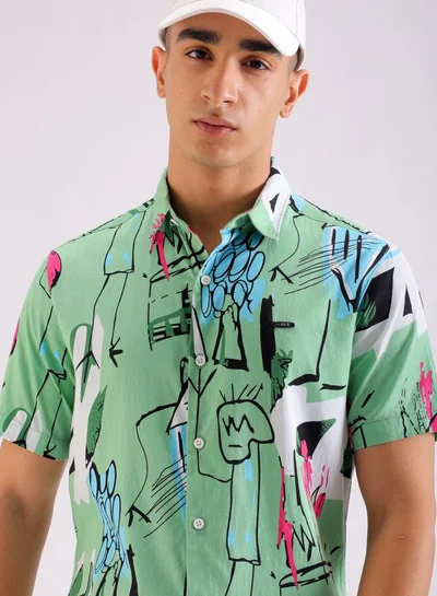 شركة المرآب الهندية Men Regular Fit Printed Half Sleeves Cutaway Collar Casual Shirt